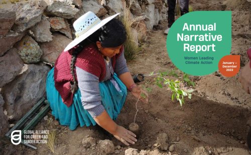 Image of a women potting a plant. The text on the image reads, "Annual Narrative Report - Women Leading Climate Action, January - December 2022"