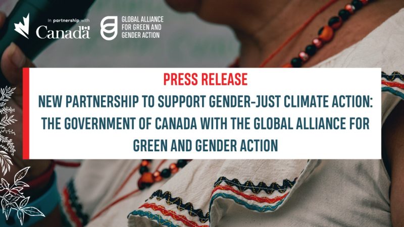 Person facing left and holding a mic. Only the chin to upper shoulder part of the person is visible. In the centre of the image, white box has text in red and blue which reads, "New partnership to support gender-just climate action: The Government of Canada with the Global Alliance for Green and Gender Action"