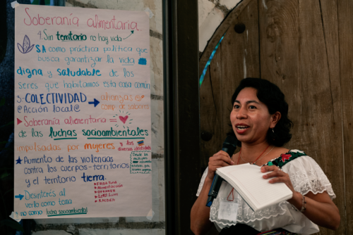 A person speaking on mic holding a piece of paper. The background is of a chart paper with handwritten notes about food sovereignty.