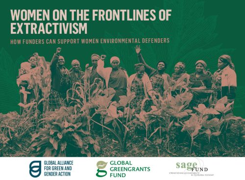 Green backdrops with faint leaves in the background. At the bottom is images of people raising their fists on resistance and joy un front of plants. Text on the image reads, "women on the frontlines of extractivism: how funders can support women environemntal defenders - by katrina anderson and mary jane real"