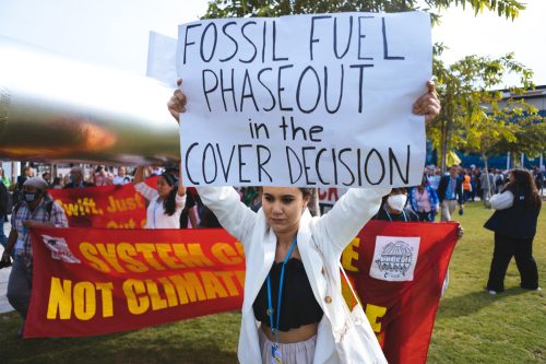 Person holding placard with "fossil fuel phaseout in the cover decision" written on it