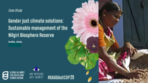 Case study image illustrating sustainable management efforts of the Nilgiri Biosphere Reserve in India, led by women. A woman is seen working with grains, seated outside a structure. A pink flower and green leaves are illustrated on the left side, with text reading 'Gender just climate solutions: Sustainable management of the Nilgiri Biosphere Reserve, India, Asia.' Logos for GAGGA, We Women Are Water, and the hashtag #GAGGAatCOP29 are at the bottom.